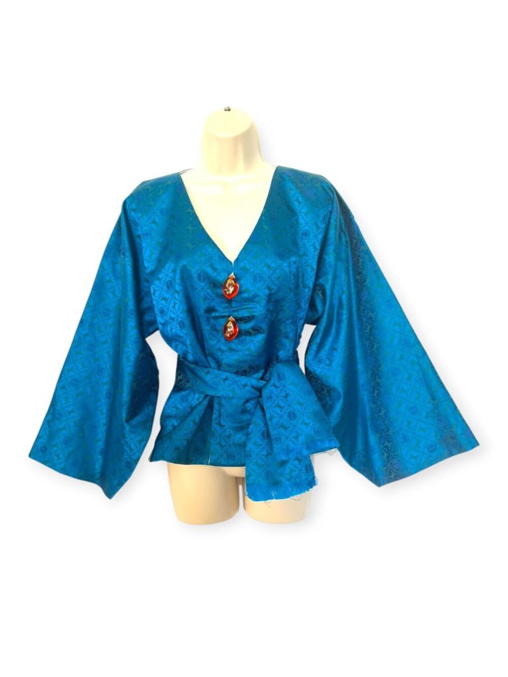 Vintage Ming Style Handmade Peacock Blue Satin Brocade Kimono Jacket w/ Sash